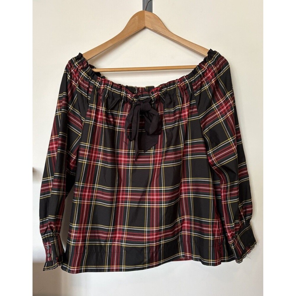 J Crew Black Red Holiday Plaid Off Shoulder Bow Detail Blouse Size Small